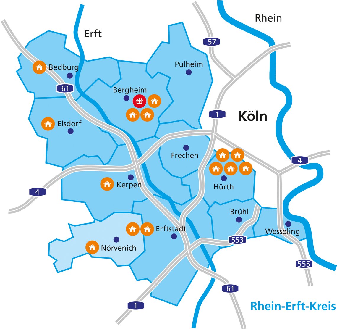 Landkarte des Rhein-Erfts-Kreises mit allen Standorten der Betreuungsangebote des CJG Haus St. Gereons.